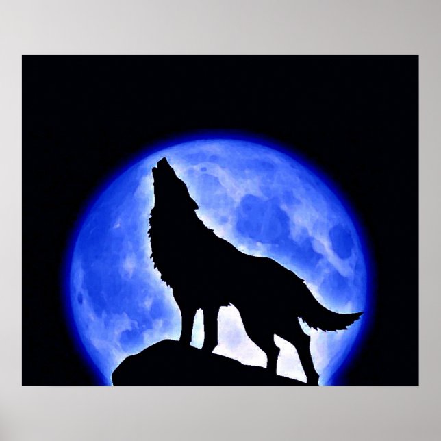 Wolf Howling Blue Full Moon Poster (Front)