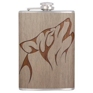 Wolf howling engraved on wood design flask