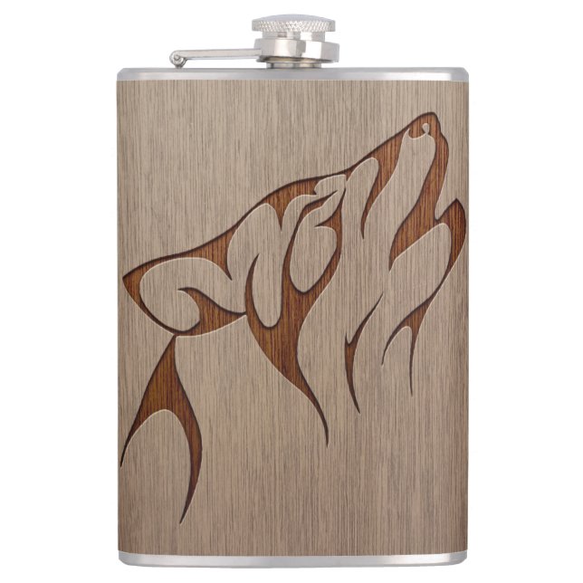 Wolf howling engraved on wood design flask (Front)