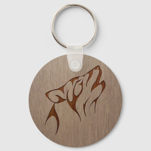 Wolf howling engraved on wood design keychain