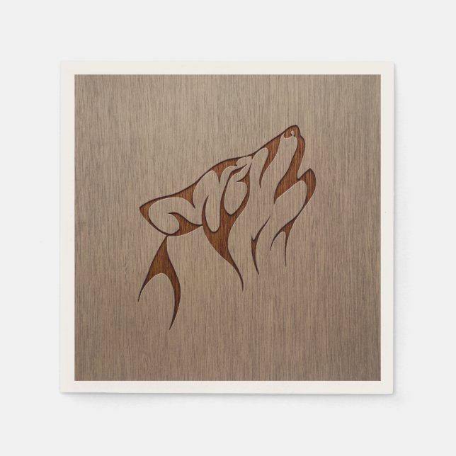 Wolf howling engraved on wood design napkins (Front)