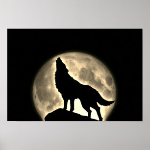 Wolf Howling Full Moon Night Vintage Sepia Poster