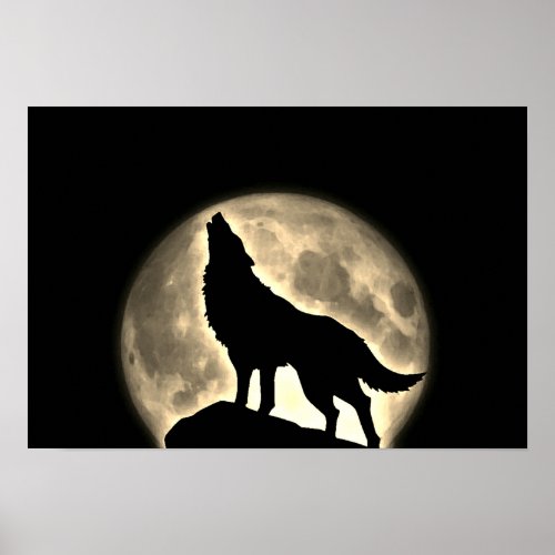 Wolf Howling Full Moon Night Vintage Sepia Poster