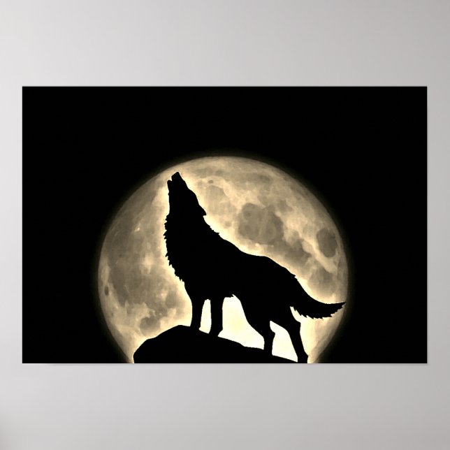 Wolf Howling Full Moon Night Vintage Sepia Poster (Front)