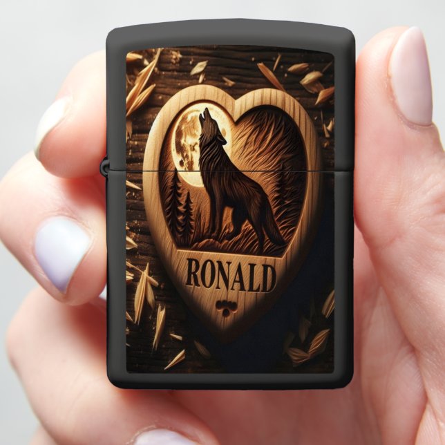 Wolf Howling Heartwood Zippo Lighter (In Hand)