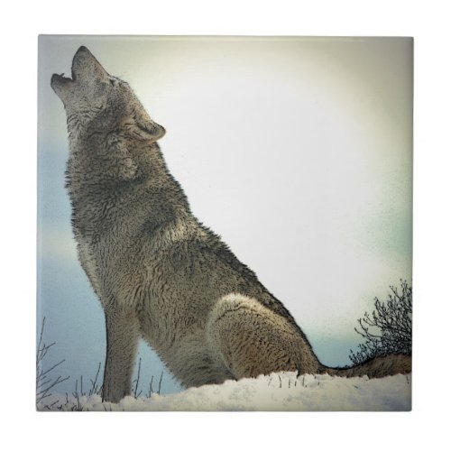 Wolf Howling in Snow Ceramic Tile