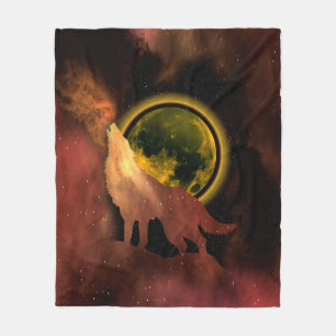 WOLF HOWLING IN SPACE MOON GALAXY FLEECE BLANKET