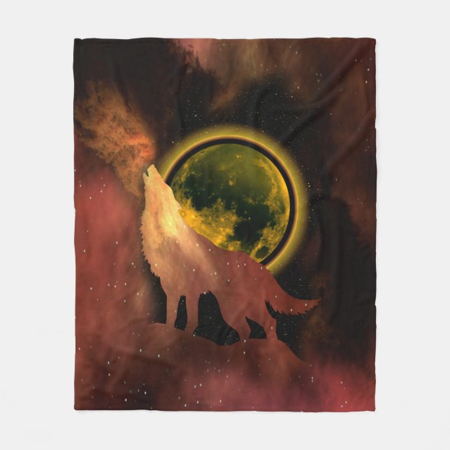 WOLF HOWLING IN SPACE MOON GALAXY   FLEECE BLANKET (Front)