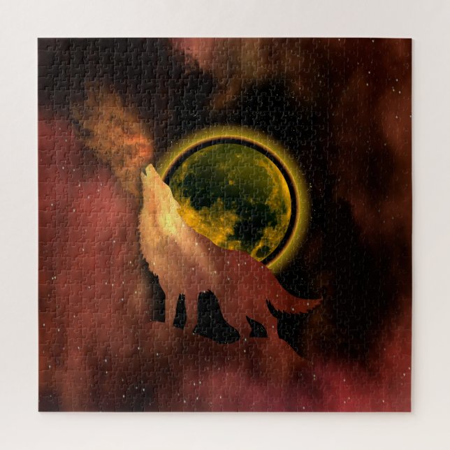 WOLF HOWLING IN SPACE MOON GALAXY    JIGSAW PUZZLE (Vertical)