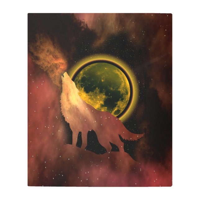 WOLF HOWLING IN SPACE MOON GALAXY  METAL PRINT (Front)
