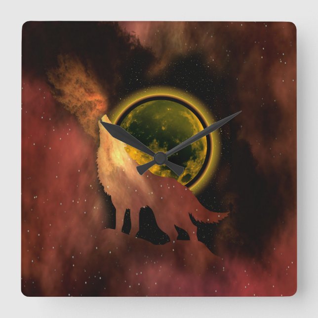 WOLF HOWLING IN SPACE MOON GALAXY  SQUARE WALL CLOCK (Front)