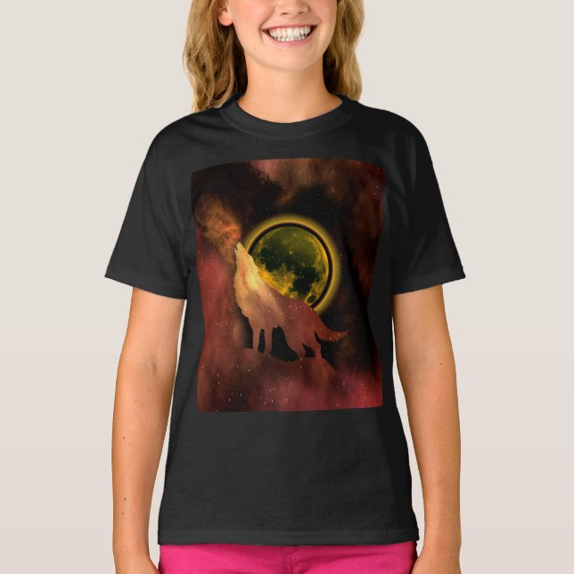 WOLF HOWLING IN SPACE MOON GALAXY    T-Shirt (Front)
