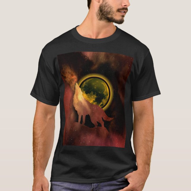 WOLF HOWLING IN SPACE MOON GALAXY    T-Shirt (Front)