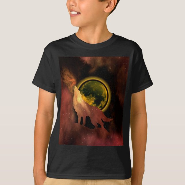 WOLF HOWLING IN SPACE MOON GALAXY    T-Shirt (Front)