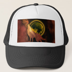 WOLF HOWLING IN SPACE MOON GALAXY  TRUCKER HAT