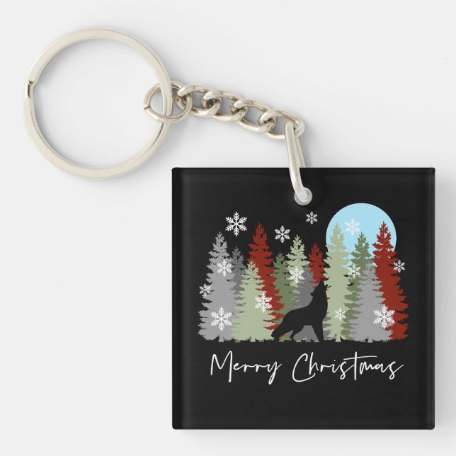 Wolf Howling In The Forest Merry Christmas Trees  Keychain (Front)