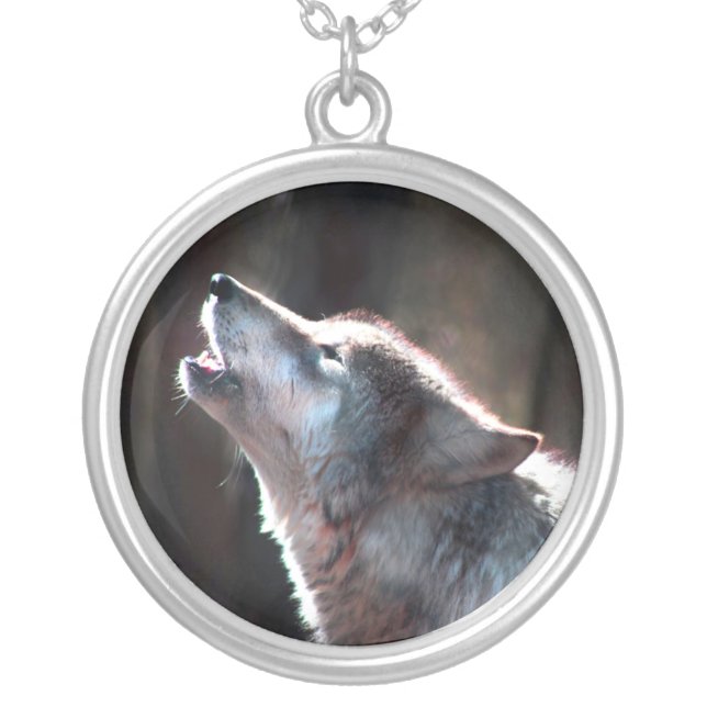 Wolf Howling Lone Wolf Silver Plated Necklace (Front)