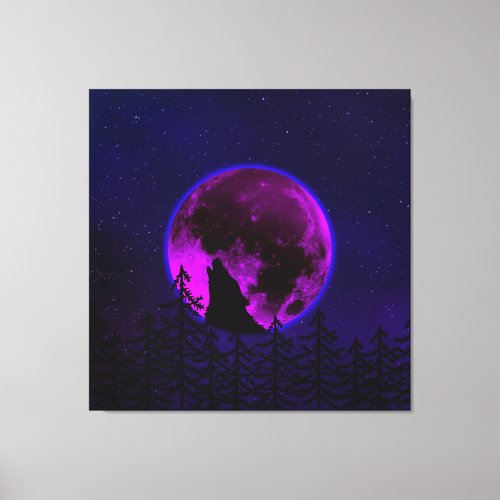 WOLF HOWLING MOON MAGENTA  CANVAS PRINT