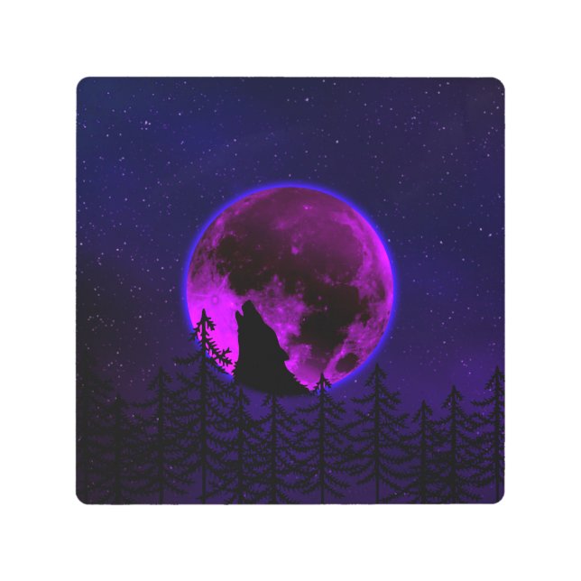 WOLF HOWLING MOON MAGENTA  METAL PRINT (Front)
