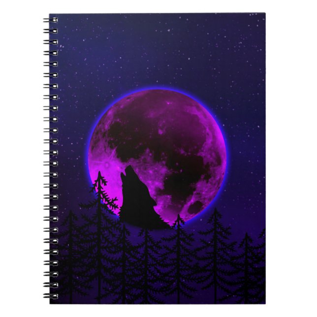 WOLF HOWLING MOON MAGENTA   NOTEBOOK (Front)