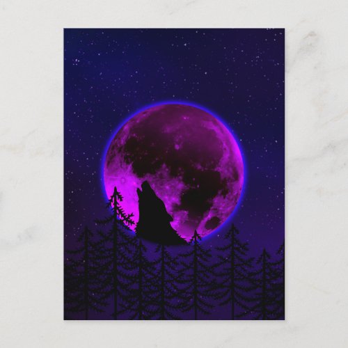 WOLF HOWLING MOON MAGENTA   POSTCARD