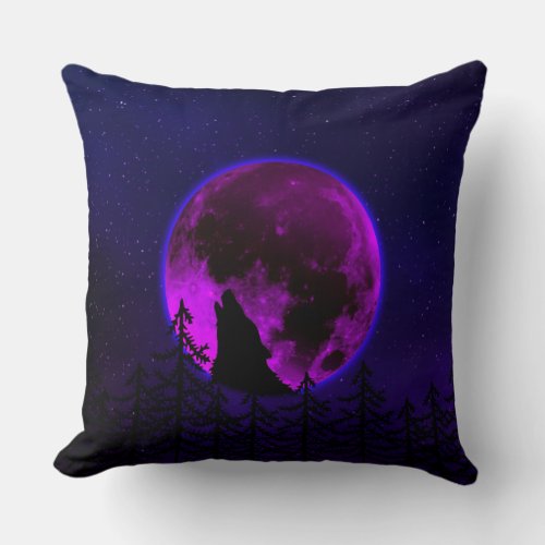 WOLF HOWLING MOON MAGENTA   THROW PILLOW