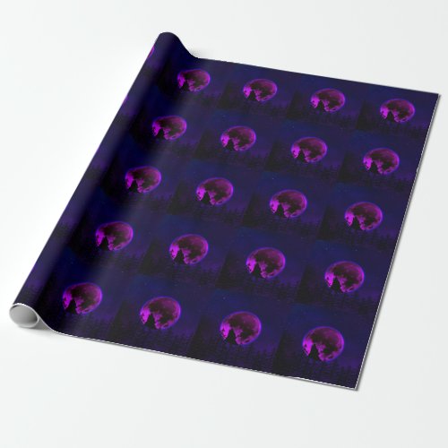 WOLF HOWLING MOON MAGENTA   WRAPPING PAPER