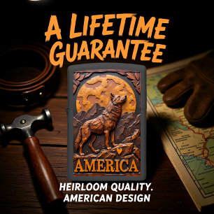Wolf Howling Mountain Moon America Zippo Lighter