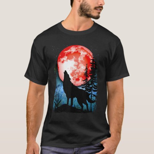 Wolf Howling Red Blood Moon Galaxy Star Night Luna T_Shirt