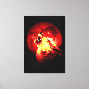 Wolf Howling & Red Moon Wrapped Canvas