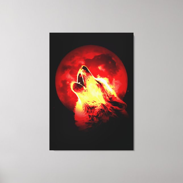 Wolf Howling & Red Moon Wrapped Canvas (Front)