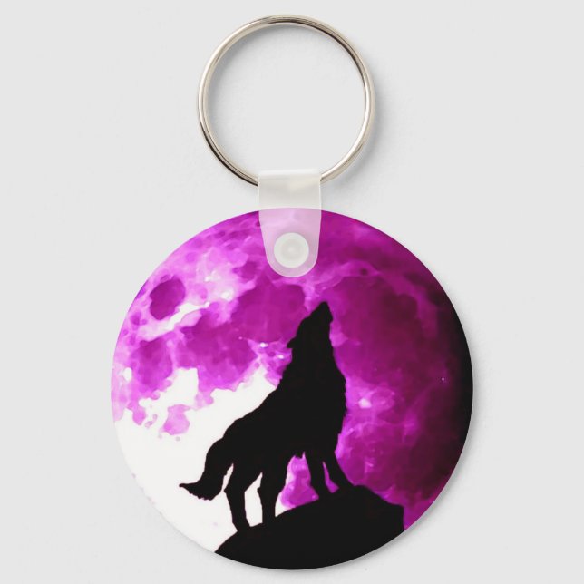 Wolf Howling Silhouette at Moon Keychain (Front)