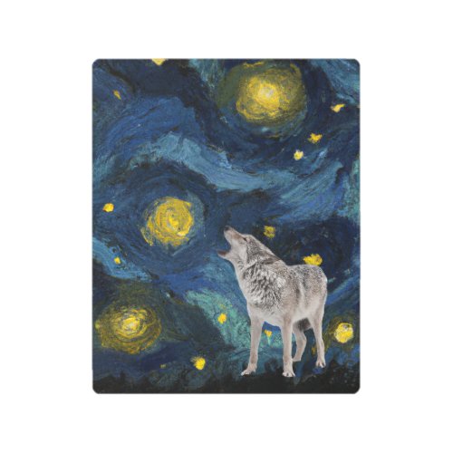 Wolf Howling Starry Night Background Metal Print