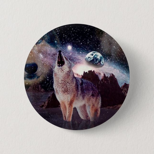 Wolf howling through the universe button (Front)