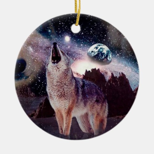 Wolf howling through the universe ceramic ornament