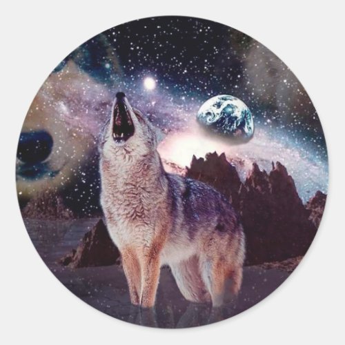 Wolf howling through the universe classic round sticker