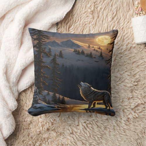 Wolf Howling Under a Full Moon in Winter Landscape Throw Pillow