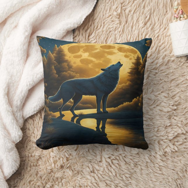 Wolf Howling Under A Glowing Full Moon Throw Pillow (Blanket)
