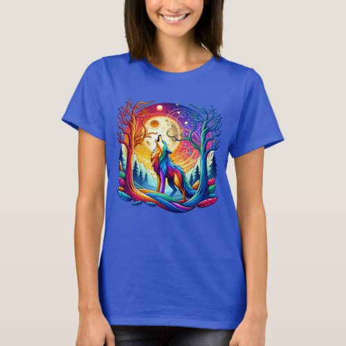 Wolf Howling Under a Surreal Sky T_Shirt