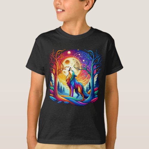 Wolf Howling Under a Surreal Sky T_Shirt