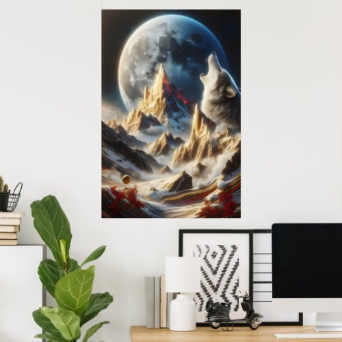 Wolf Howling Under Lunar Peaks Poster