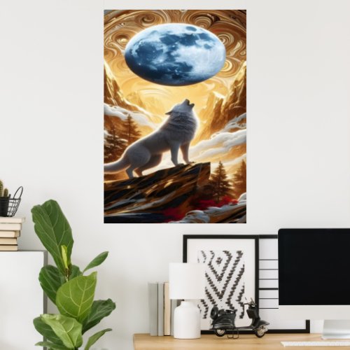 Wolf Howling Under Moonlight Mountains Poster