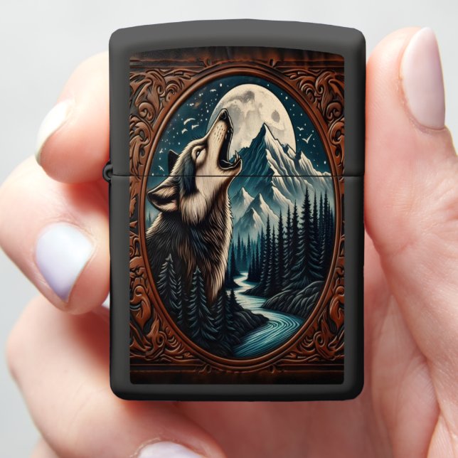 Wolf Howling Under Moonlight Zippo Lighter (In Hand)
