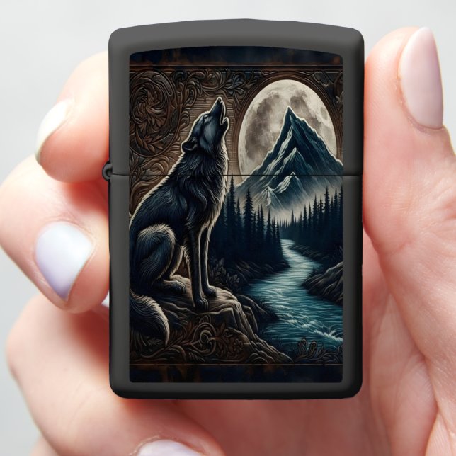 Wolf Howling Under Moonlight Zippo Lighter (In Hand)