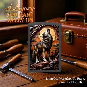 Wolf Howling Under Orange Moon Zippo Lighter