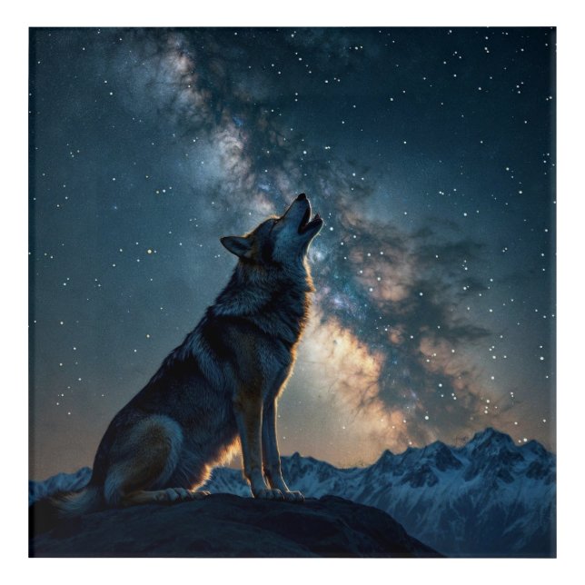 Wolf Howling Under Starry Night Acrylic Print (Front)