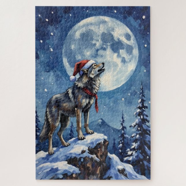 Wolf Howling Under the Christmas Moon Hat Jigsaw Puzzle (Vertical)