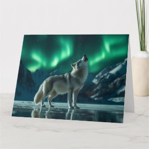 Wolf Howling Under the Northern Lights Card