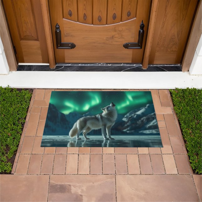 Wolf Howling Under the Northern Lights Doormat (Outdoor)