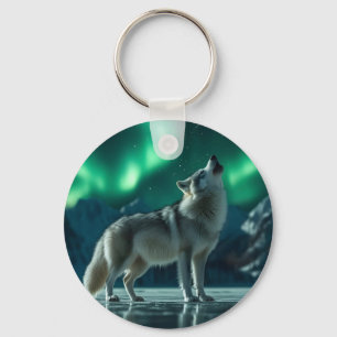 Wolf Howling Under the Northern Lights Keychain